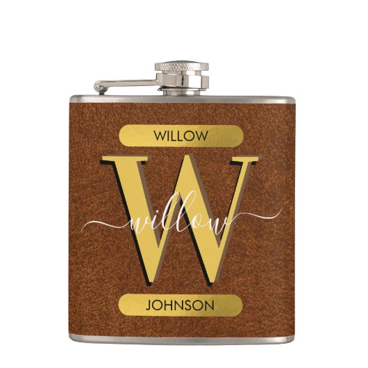 Flasques Antique Faux Cuir & Or Monogramme (Devant)