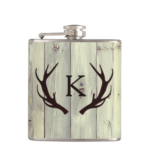 Flasques Antler de cerf rustique avec Monogram Pale Barn Wo (Devant)