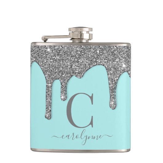 Flasques Aqua Turquoise Silver Éperche Parties scintillant (Devant)
