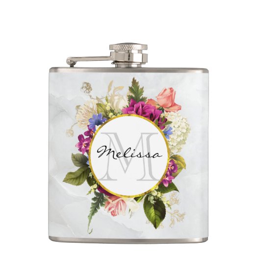 Flasques Aquarelle rose moderne Bouquet floral Monogramme (Devant)