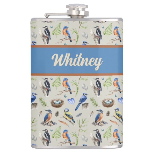 Flasques Bird Pattern Kingfisher, Blue Jay, Woodpecker Name (Devant)