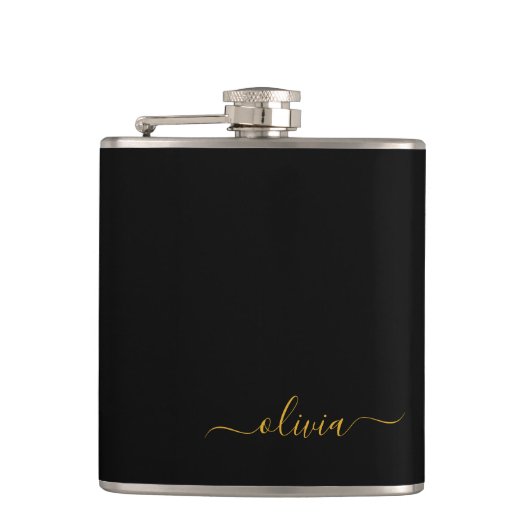 Flasques Black Gold Girl Script Monogramme Nom Moderne (Devant)