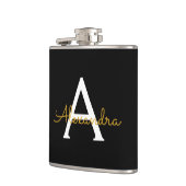 Flasques Black Gold Girl Script Monogramme Nom Moderne (Gauche)