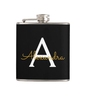 Flasques Black Gold Girl Script Monogramme Nom Moderne