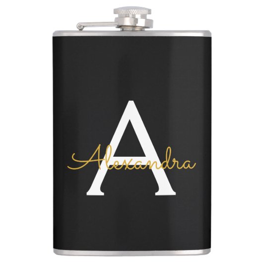 Flasques Black Gold Modern Script Girl Monogramme Nom (Devant)