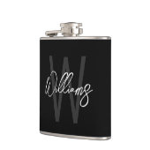 Flasques Black Modern Script Personnalisé Monogramme et nom (Gauche)