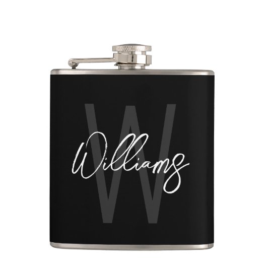 Flasques Black Modern Script Personnalisé Monogramme et nom (Devant)