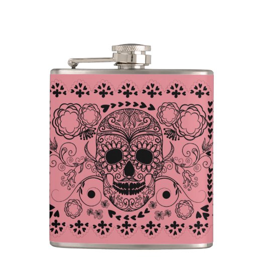 Flasques Black Retro Floral Sugar Skull Green Accents (Devant)