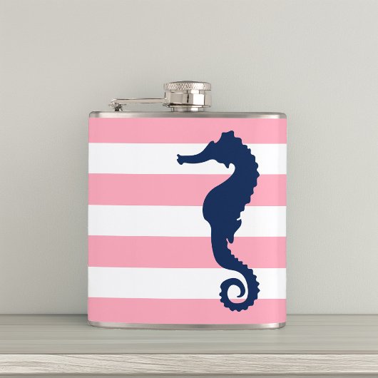Flasques Blanc rose & Bleu Large Stripes Motif Seahorse