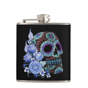 Flasques Blue Floral Black Sugar Skull Jour des morts