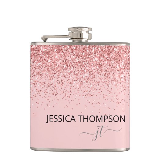 Flasques Blush Rose Pailleté Monogramme Simple Nom (Devant)