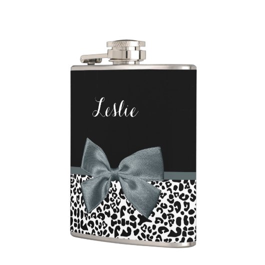 Flasques Bow gris Empreinte de léopard sophistiqué avec nom (Gauche)