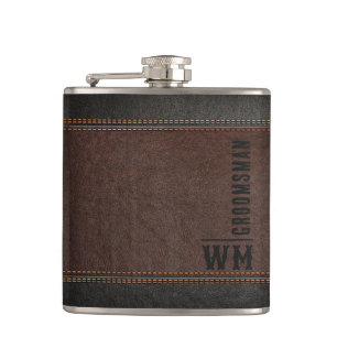 Flasques Brown Faux en cuir Monogramme Groomsman Cadeau
