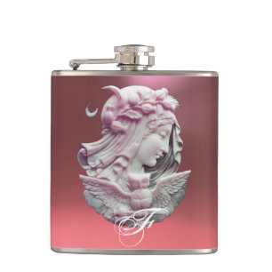 FLASQUES CAMEO ANTIQUE, LUNE DAME DE NUIT AVEC OWL MONOGRAM