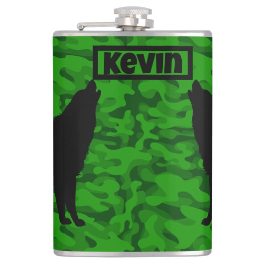 Flasques Camo vert moderne noir Wolf Silhouette Monogramme  (Devant)