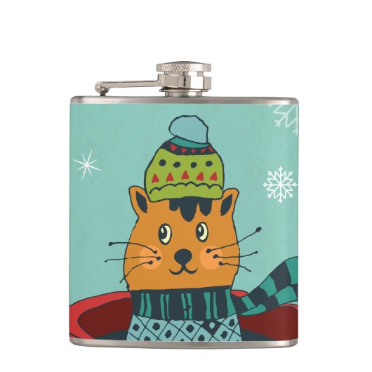 Flasques Chat Whimsical assis dans un thé Noël (Devant)