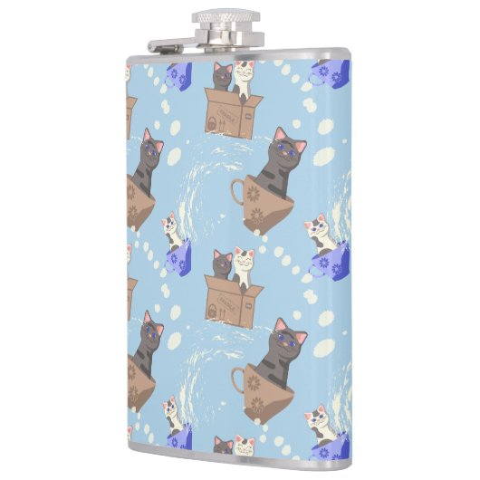 Flasques Chats en boîte et gouttes de lait sur bleu (Gauche)