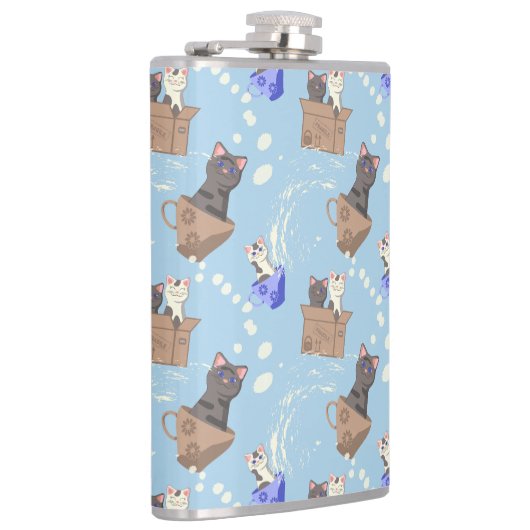 Flasques Chats en boîte et gouttes de lait sur bleu (Droite)