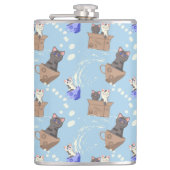 Flasques Chats en boîte et gouttes de lait sur bleu (Devant)