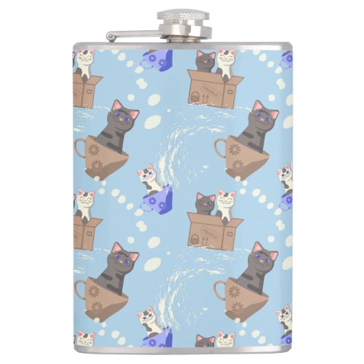 Flasques Chats en boîte et gouttes de lait sur bleu (Devant)