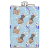 Flasques Chats en boîte et gouttes de lait sur bleu (Dos)