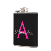 Flasques Chaud rose noir Script Girl Nom du monogramme (Gauche)