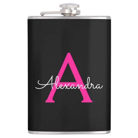 Flasques Chaud rose noir Script Girl Nom du monogramme (Devant)