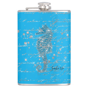 Flasques Cheval de mer Glam Blue et Silver Parties scintill