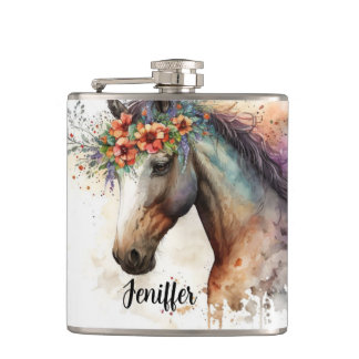 Flasques Cheval visage avec couronne de fleurs