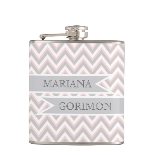 Flasques chevron moderne gris, mariage rose personnalisé (Devant)