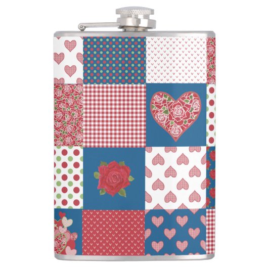 Flasques Chic Coeurs et Rose Faux Patchwork Hip Flask (Devant)