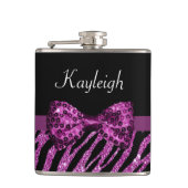 Flasques Chic Purple Zebra Print FAUX Glitz Bow avec nom (Devant)