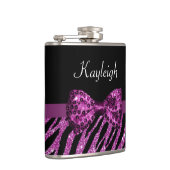 Flasques Chic Purple Zebra Print FAUX Glitz Bow avec nom (Droite)
