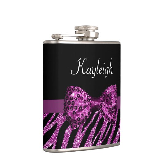 Flasques Chic Purple Zebra Print FAUX Glitz Bow avec nom (Droite)