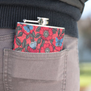 Flasques Chien rose et papillons en rouge et bleu