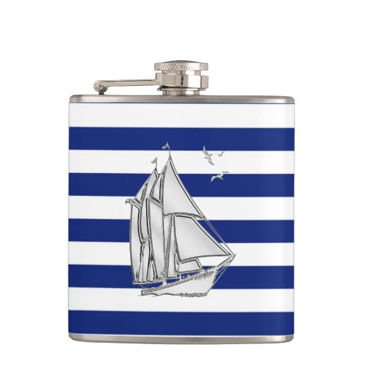 Flasques Chrome Sailboat sur Navy Stripes (Devant)