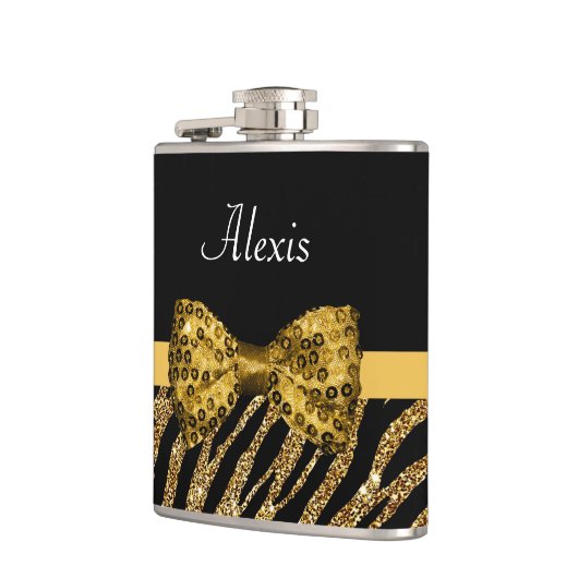 Flasques Classy Gold Zebra Print FAUX Glitz Bow avec nom (Gauche)