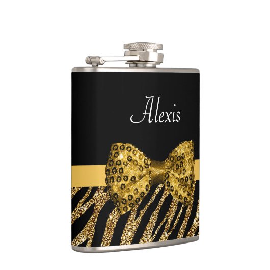 Flasques Classy Gold Zebra Print FAUX Glitz Bow avec nom (Droite)
