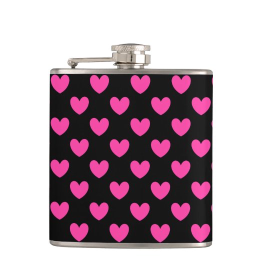 Flasques Coeurs de polka rose Fuchsia sur noir (Devant)