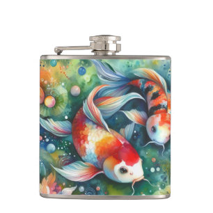 Flasques Coloré Koi Poisson Whimsical Aquarelle Orange Turq