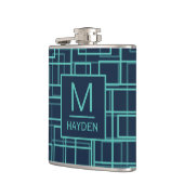Flasques Cool Blue Geometric Grid Pattern Monogrammed Flask (Gauche)