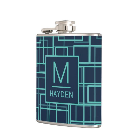 Flasques Cool Blue Geometric Grid Pattern Monogrammed Flask (Gauche)