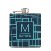 Flasques Cool Blue Geometric Grid Pattern Monogrammed Flask (Devant)