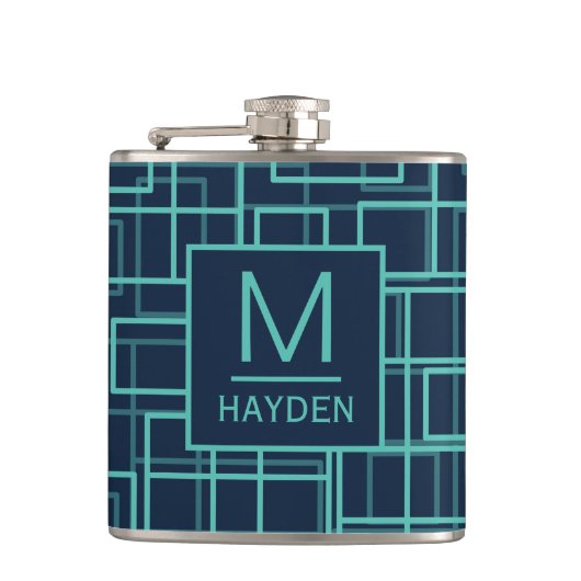 Flasques Cool Blue Geometric Grid Pattern Monogrammed Flask (Devant)