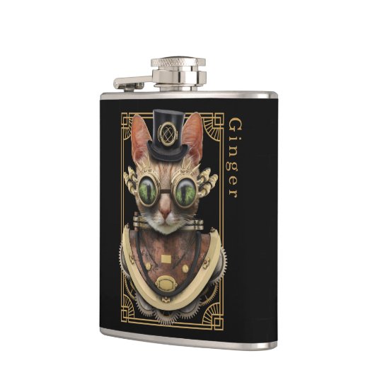 Flasques Cool Steampunk Orange Tabby Chat avec nom (Gauche)