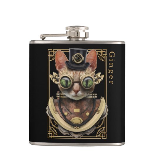 Flasques Cool Steampunk Orange Tabby Chat avec nom (Devant)
