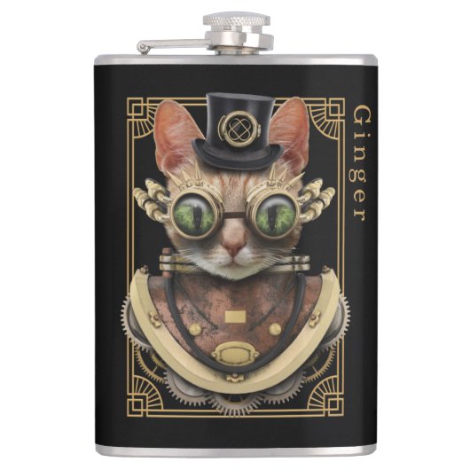 Flasques Cool Steampunk Orange Tabby Chat avec nom (Devant)