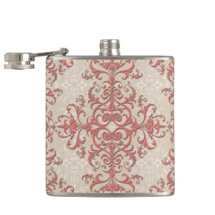 Flasques Coral et blanc antique, style damassé floral artis