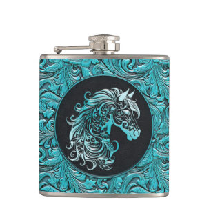 Flasques Cowgirl bleue floral à outils en cuir tête de chev