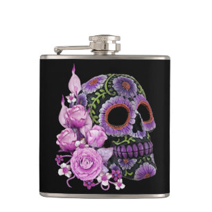 Flasques Crâne de sucre rose floral noir Jour des morts